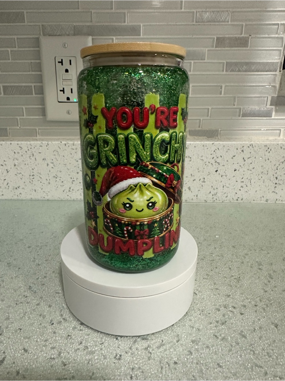 You're Grinch Dumpling Holiday Glitter 16oz Glass Cup- Green